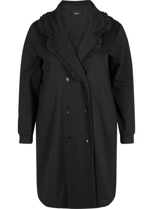 Long jacket with wide collar and ruffle details, Black, Packshot image number 0