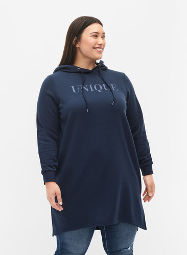 Sweatshirt dress with hood and slit, Navy Blazer, Model image number 0