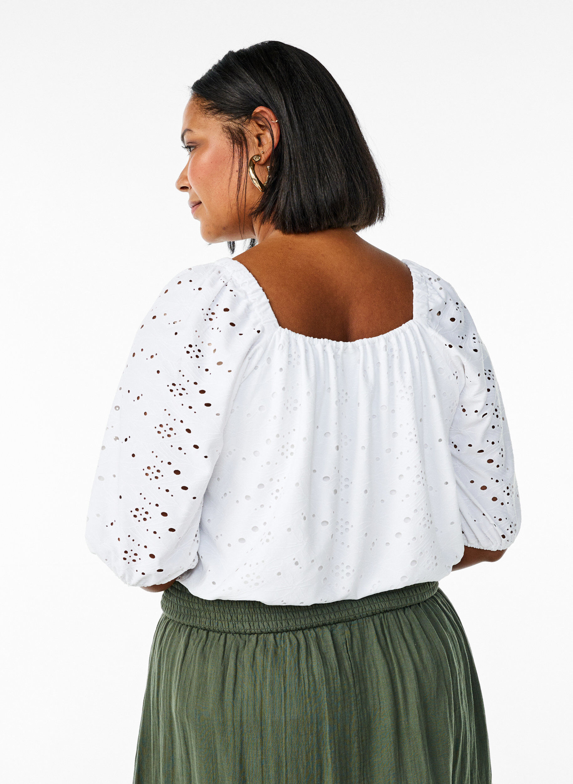 Zizzifashion Blouse with short puff sleeves and an openwork pattern, White, Model image number 1