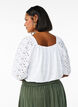 Blouse with short puff sleeves and an openwork pattern, White, Model image number 1
