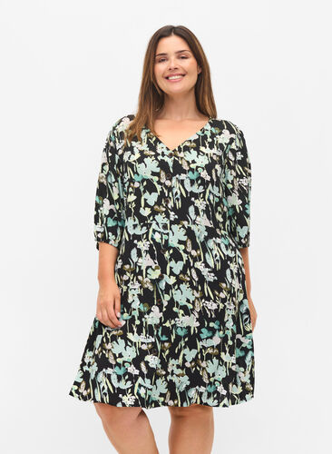 Dress with buttons and 3/4 sleeves, Black Green AOP, Model image number 0