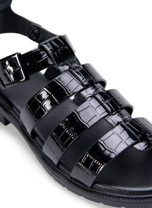 Wide fit sandal in shiny crocodile leather, Black, Packshot image number 3