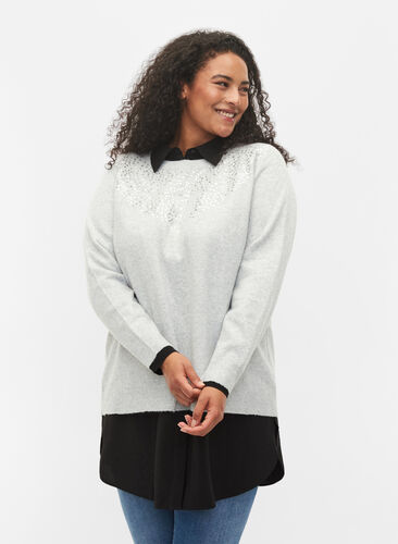 Melange knitted top with sequins, Light Grey Melange, Model image number 0