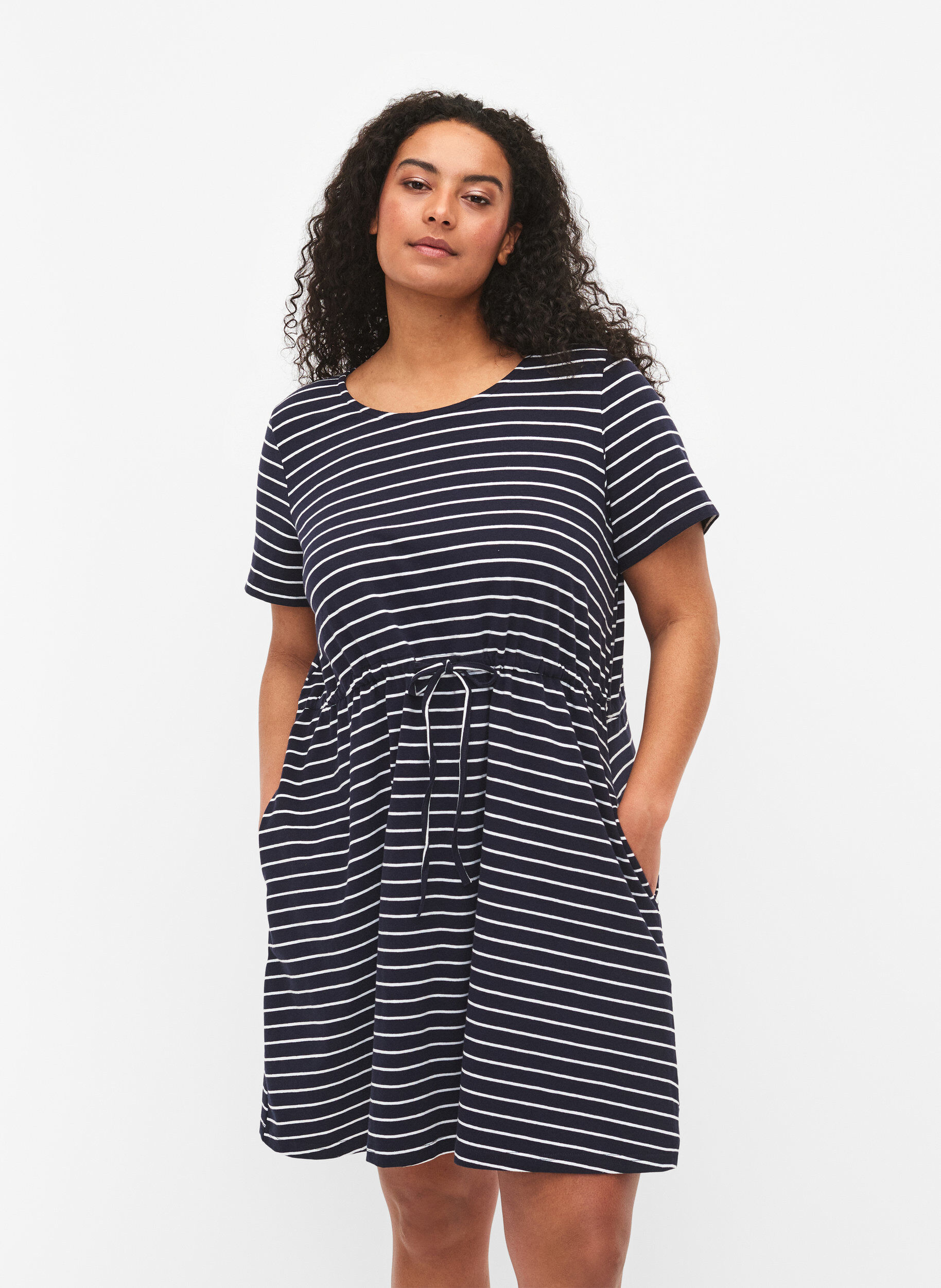 Zizzifashion Striped tunic in cotton with short sleeves, Night Sky Stripe, Model image number 0