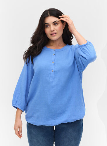 Cotton blouse with buttons and 3/4 sleeves, Ultramarine, Model image number 0
