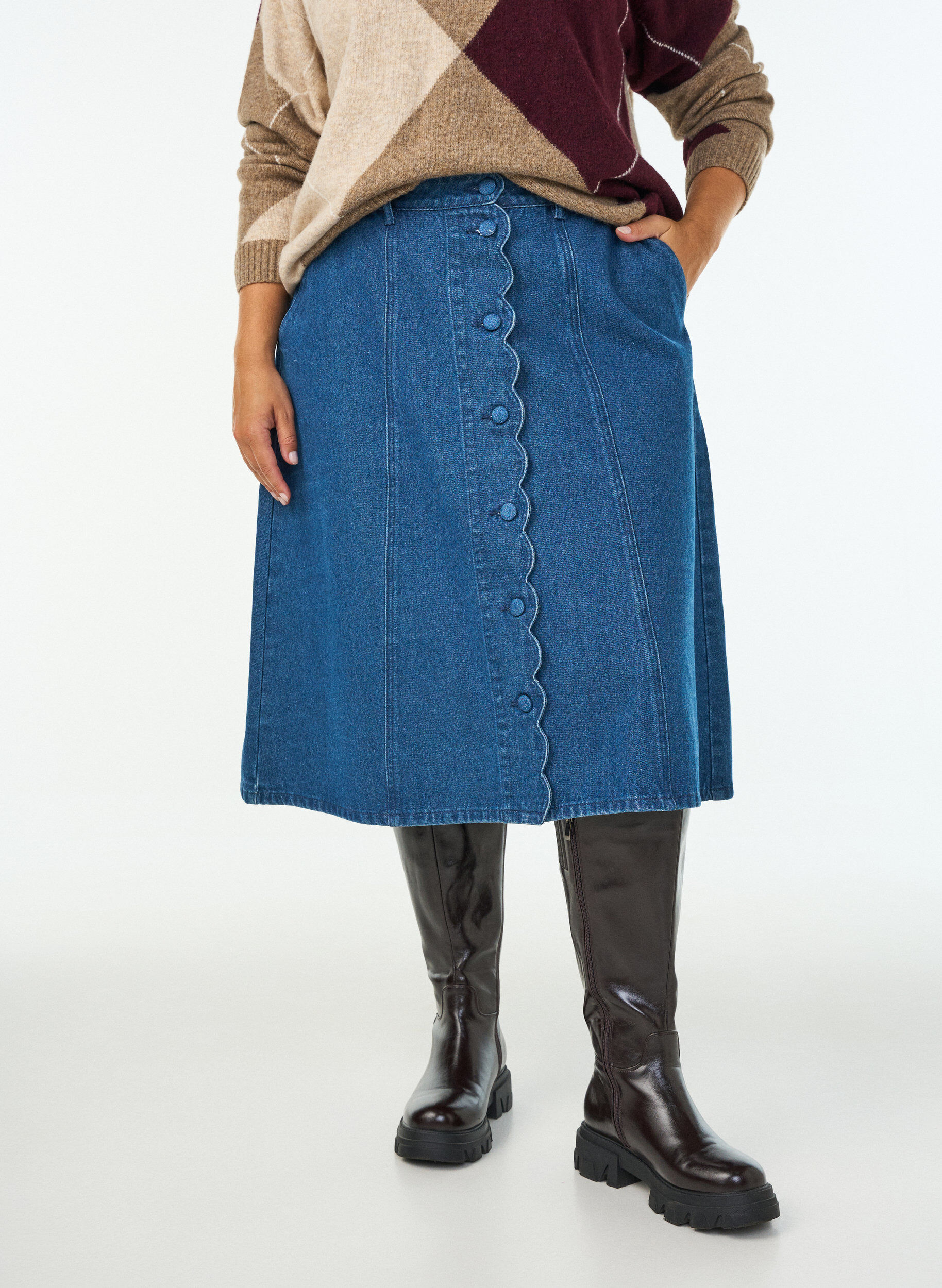 ZizzifashionA-line denim skirt with wavy button placket, Blue, Model image number 2