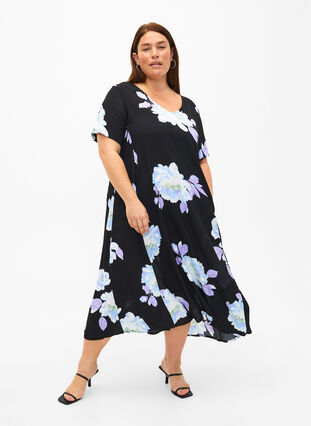 Floral viscose dress with short sleeves, Black Big Flower AOP, Model image number 0