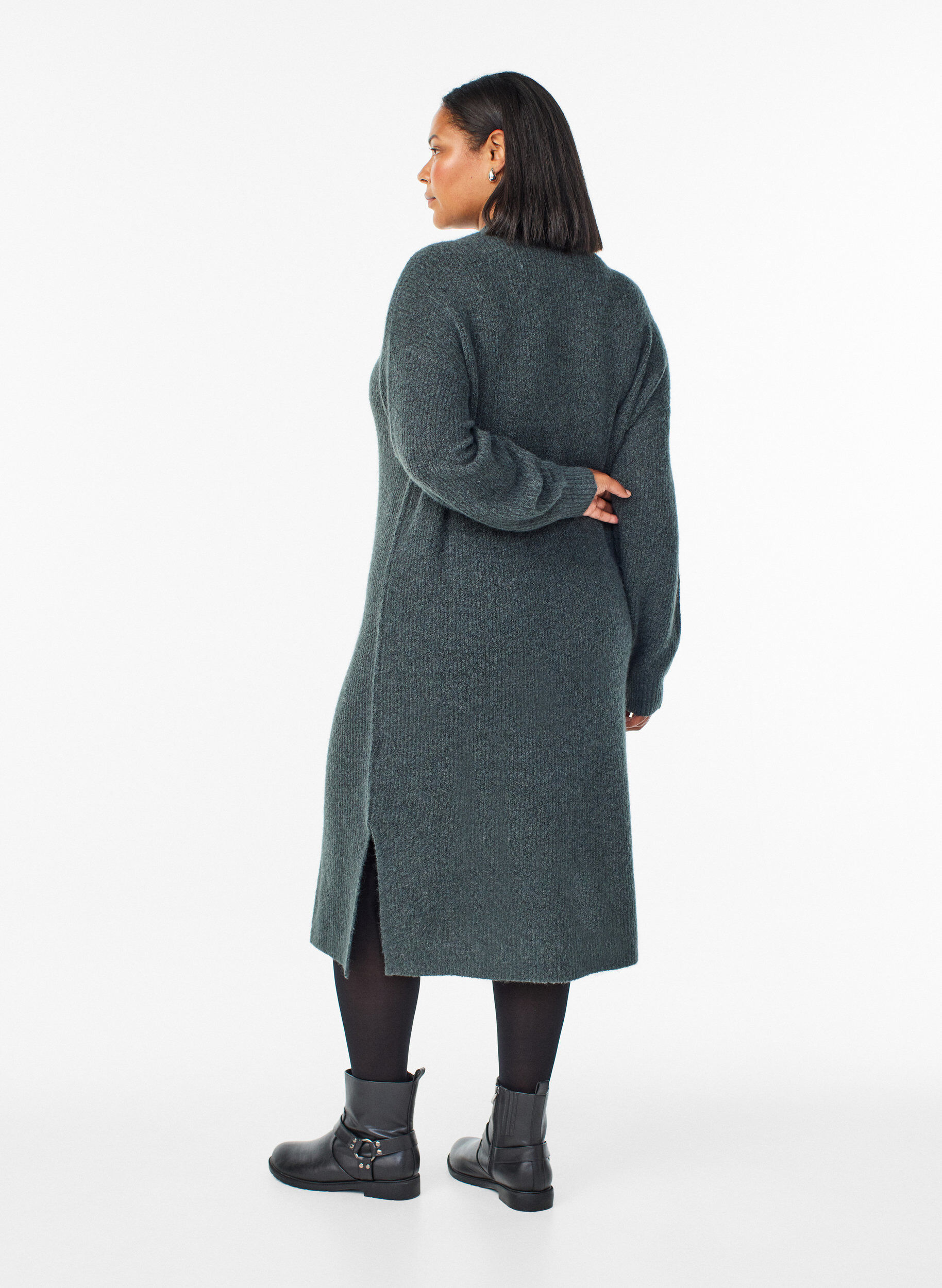 Zizzifashion Long knitted dress with high neck, Green, Model image number 1