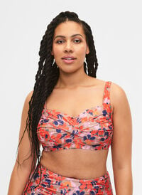 Printed bikini top, Retro Flower, Model