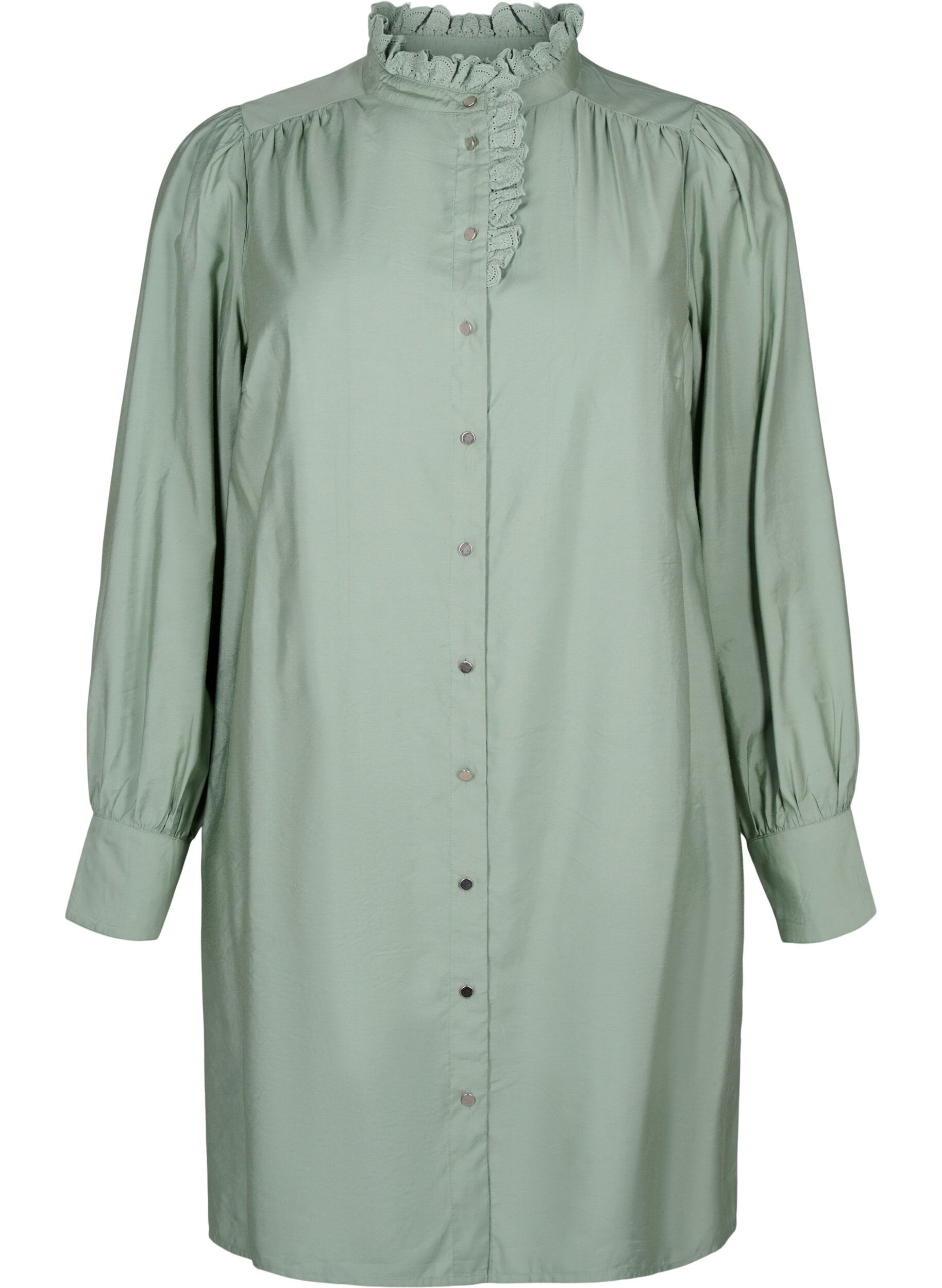 Zizzifashion Viscose shirt dress with ruffles, Green, Packshot image number 0