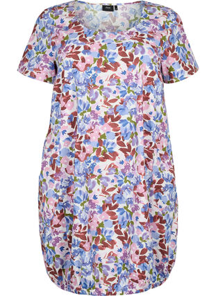 Short-sleeved cotton dress with floral print, Cloud D. Flower AOP, Packshot image number 0