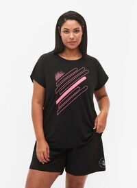 Short sleeve workout t-shirt with print, Black/Pink Print, Model