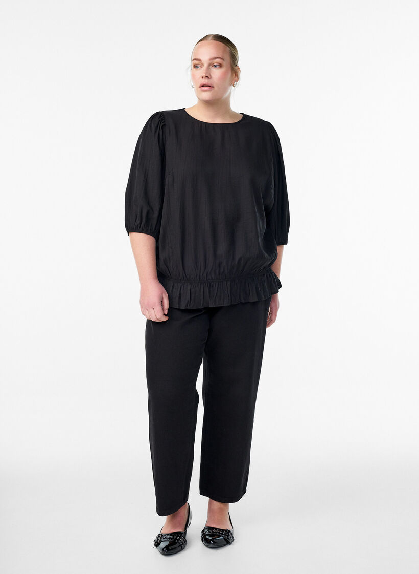 Viscose blouse with 3/4 sleeves and balloon effect, Black, Model image number 1