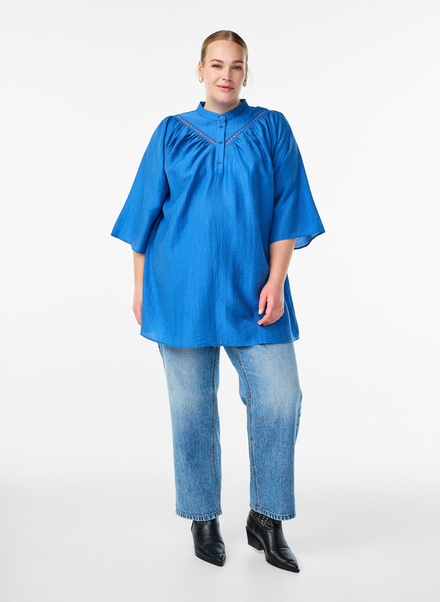 Zizzifashion Tunic with crochet trims and striped texture, Blue, Model image number 1