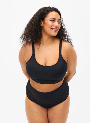 Solid color bikini bottom with high waist, Black, Model image number 0