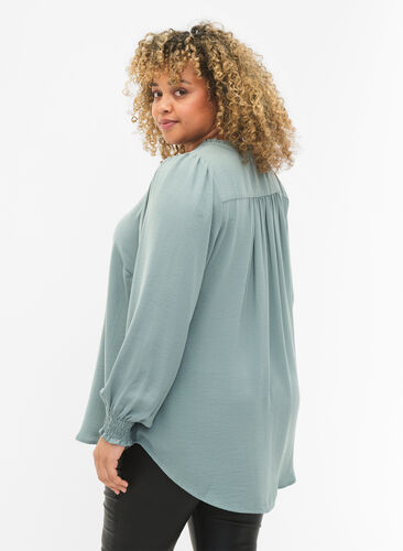 Blouse with smock and v-neckline, Chinois Green, Model image number 1