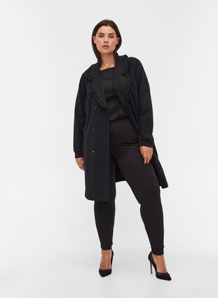 Long jacket with wide collar and ruffle details, Black, Model image number 3