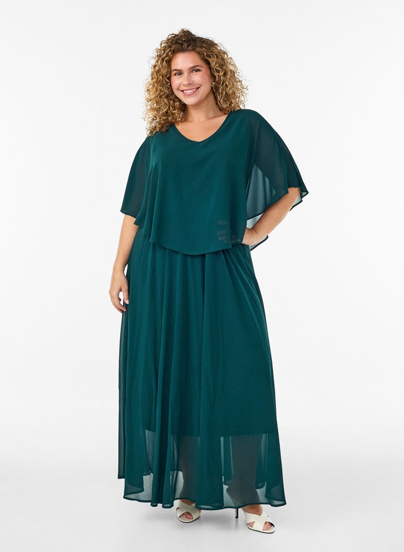 Short-sleeved maxi dress with a-shape, Green, Model image number 0