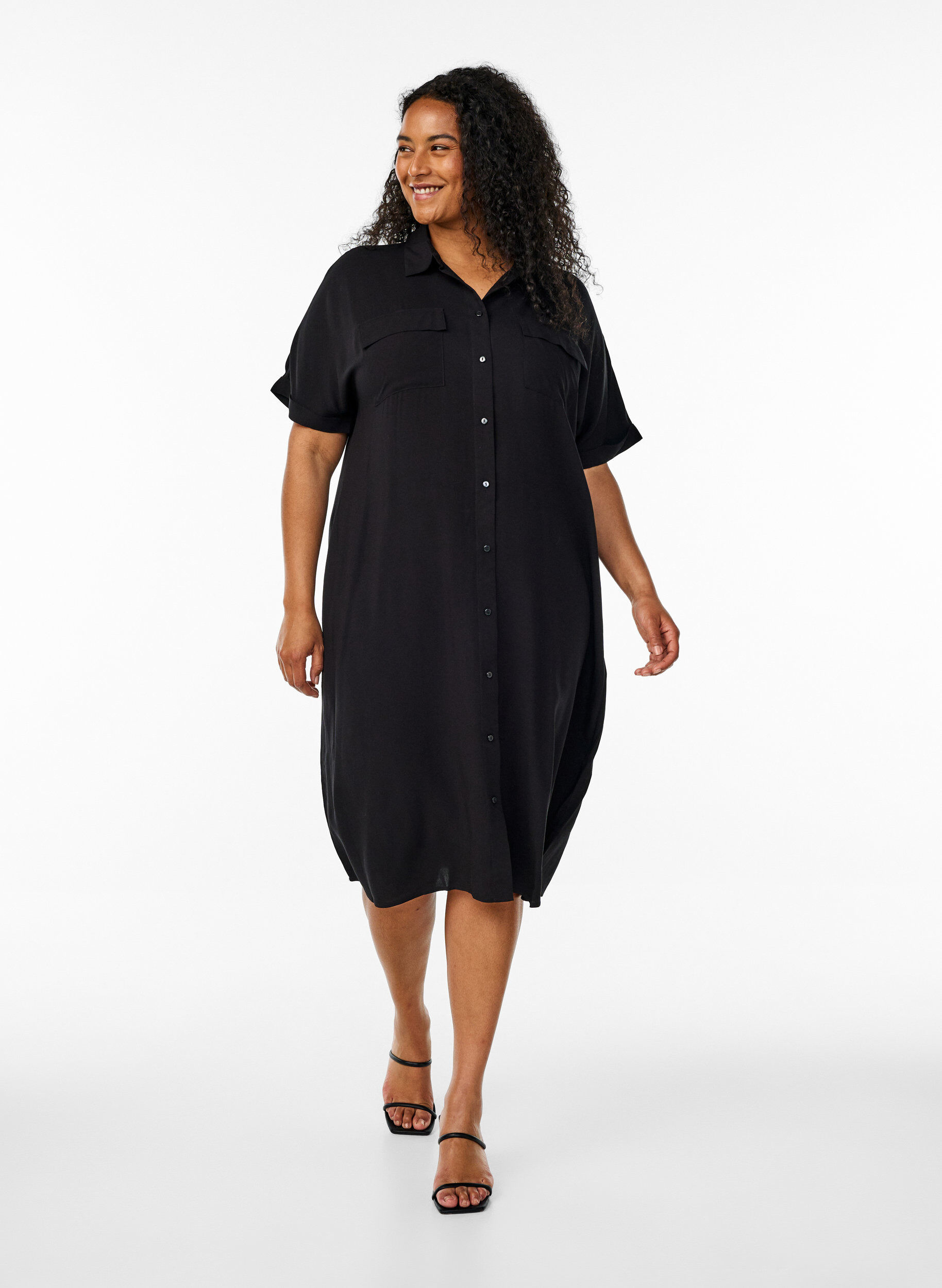 Zizzifashion FLASH - Long shirt dress with short sleeves, Black, Model image number 1