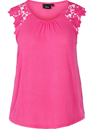 Plain-coloured top with lace sleeves, Fuchsia Purple, Packshot image number 0