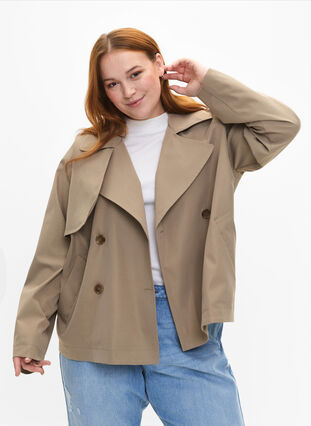 Short trench coat with snap button closure, Coriander, Model image number 0