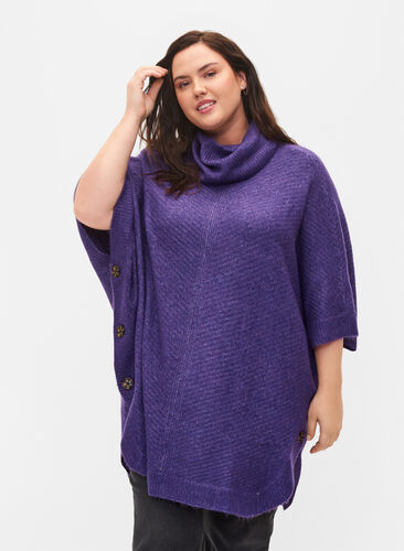 Knitted poncho with turtleneck - Purple Sz. - Zizzifashion