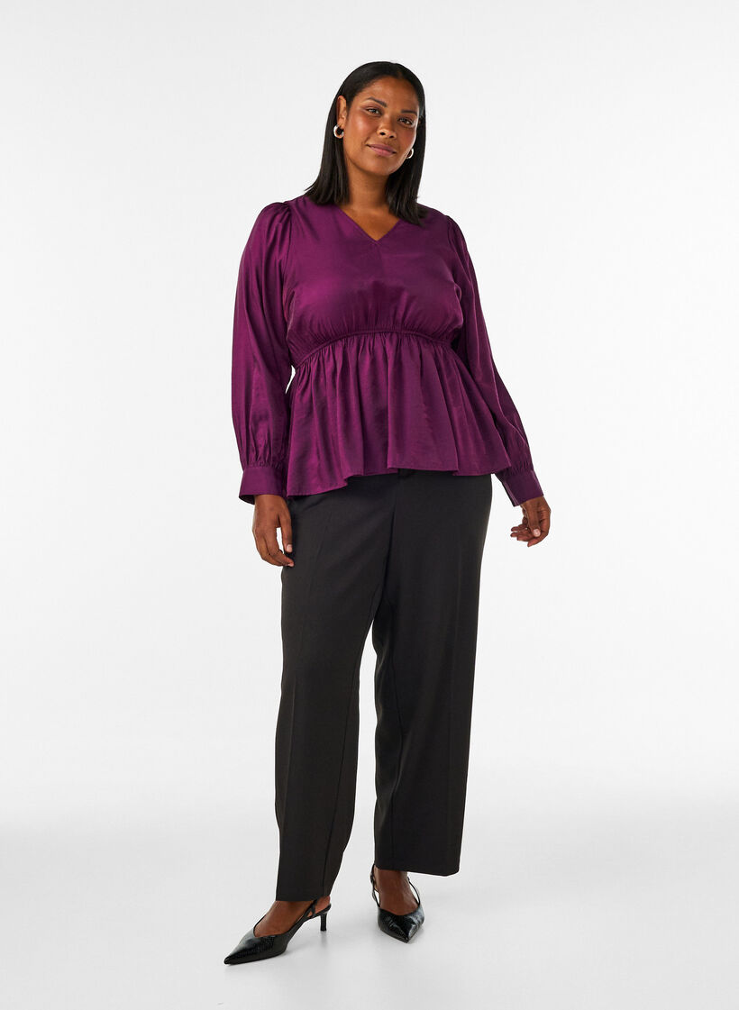 Shiny viscose blouse with peplum effect, Purple, Model image number 1