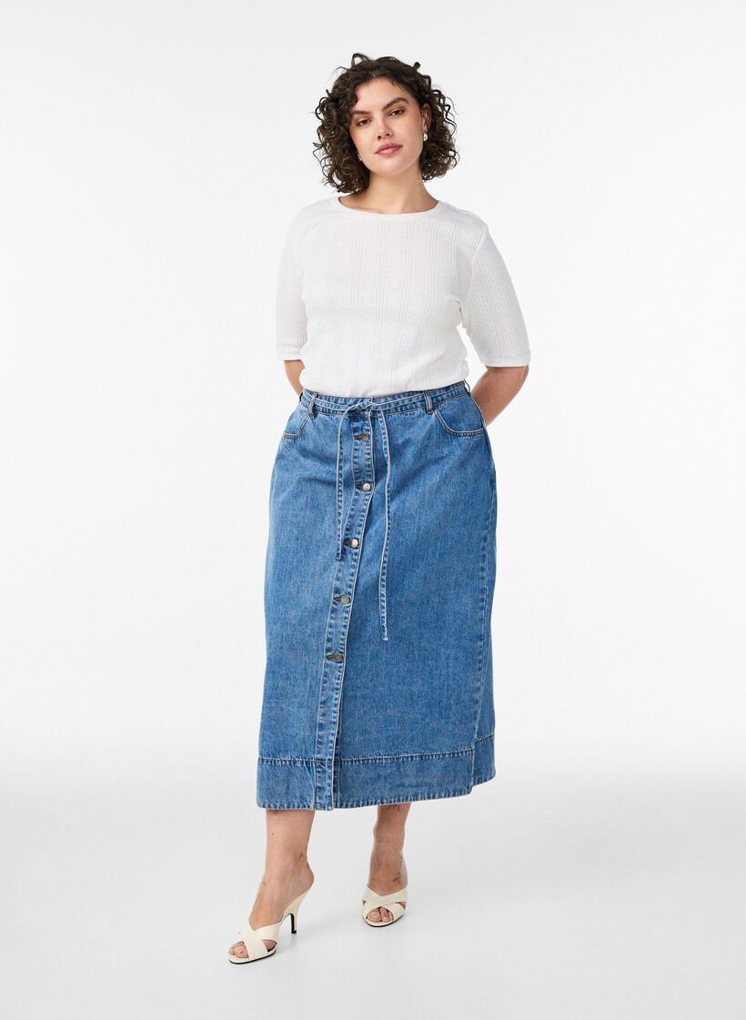 Long denim skirt with buttons and tie-belt, Blue, Model image number 0