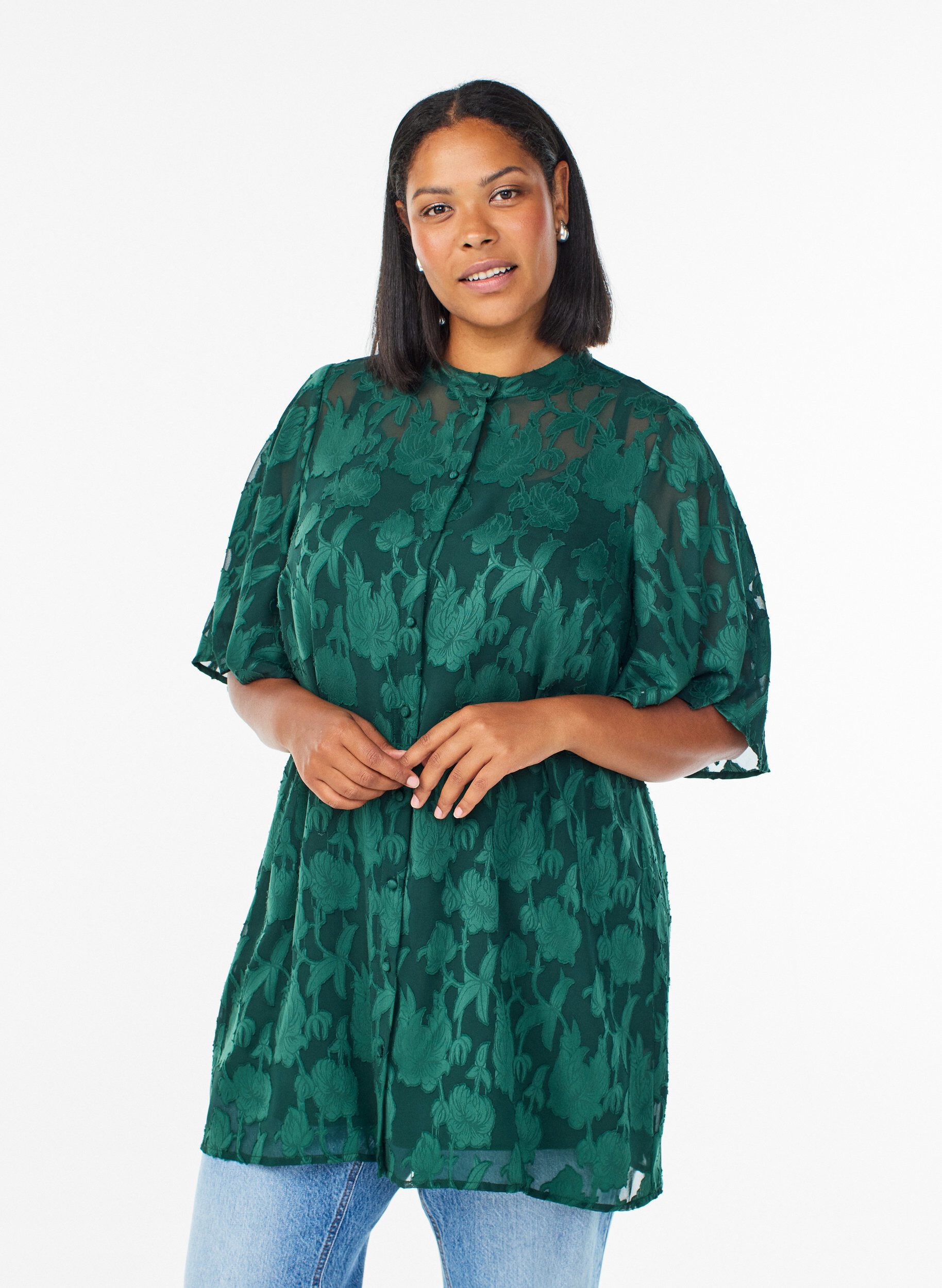 Short A-line dress with a floral print, Green, Model