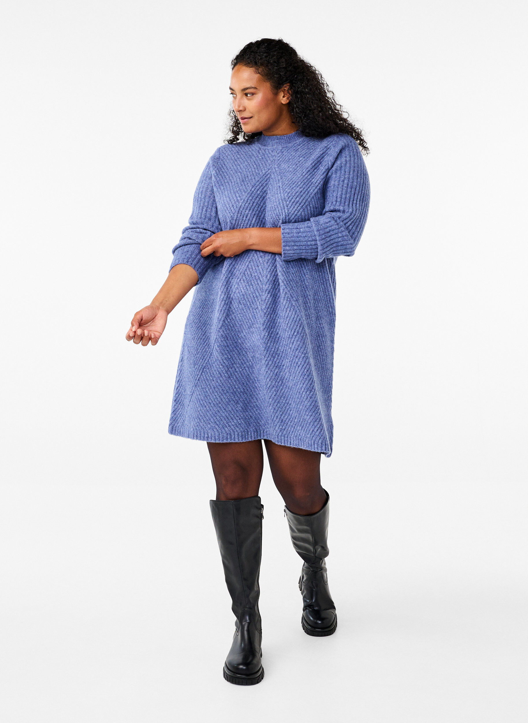 Zizzifashion Short ribbed dress with a round neck, Grey Blue Mel., Model image number 3