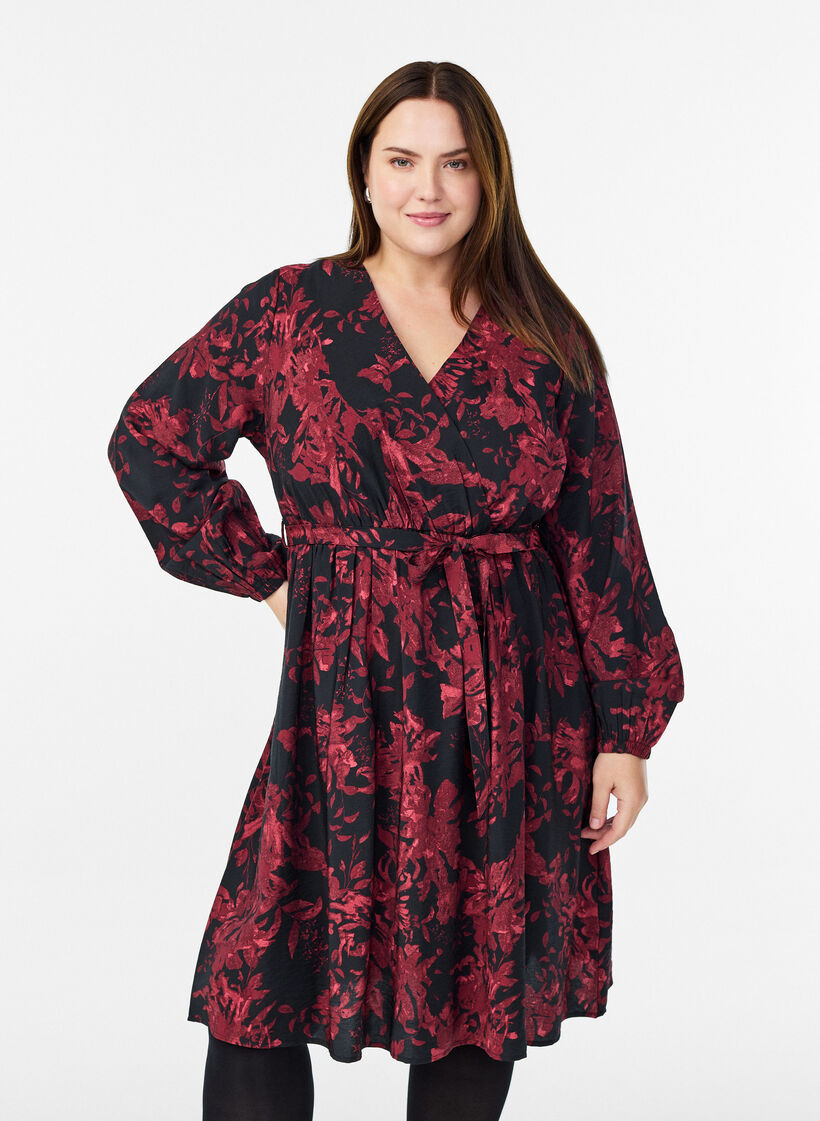 Knee-length dress with tie-belt and wrap-look, Black, Model image number 0