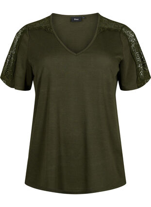 Short-sleeved blouse with lace and v-neck, Forest Night, Packshot image number 0