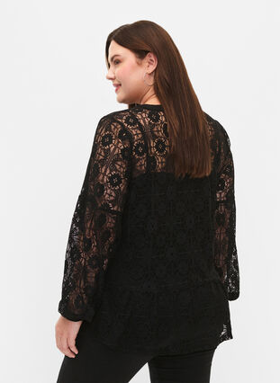 Lace blouse with tie detail, Black, Model image number 1