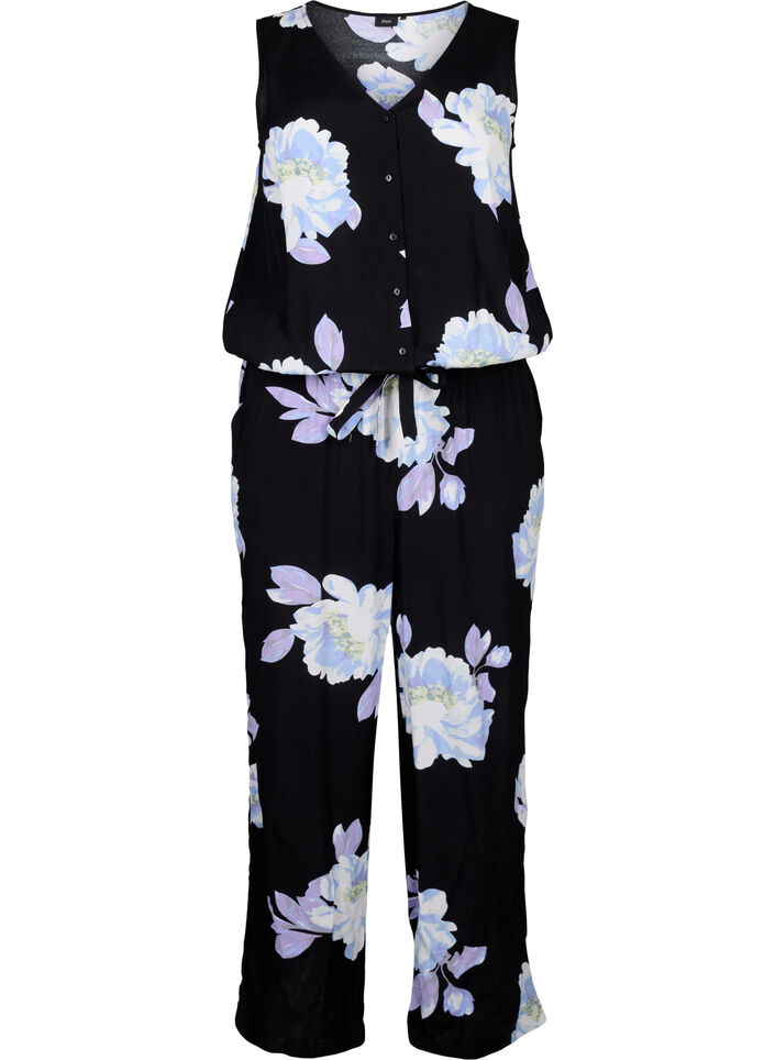 Sleeveless jumpsuit in viscose, Black Big Flower AOP, Packshot image number 0