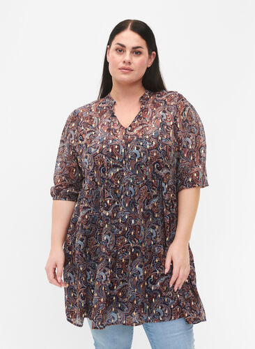 Tunic with floral print and lurex, Blue Paisley AOP, Model image number 0