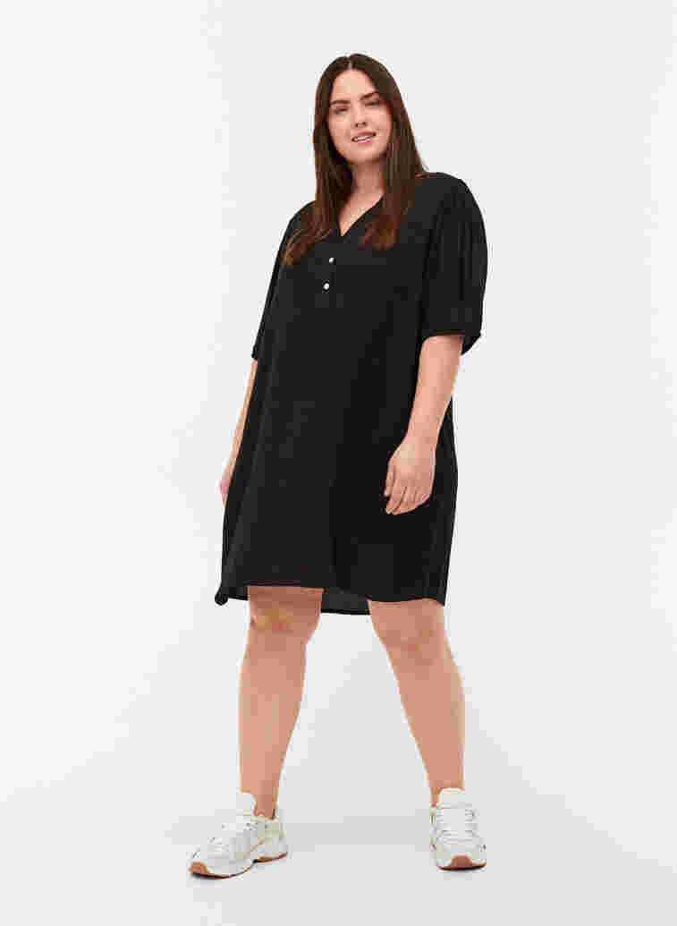 Viscose tunic with V-neck and buttons, Black, Model image number 2
