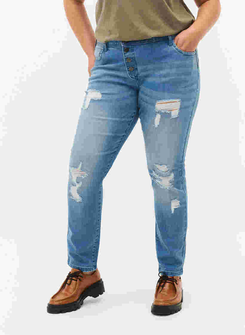 Ripped Emily jeans with regular waist, Blue denim, Model image number 2