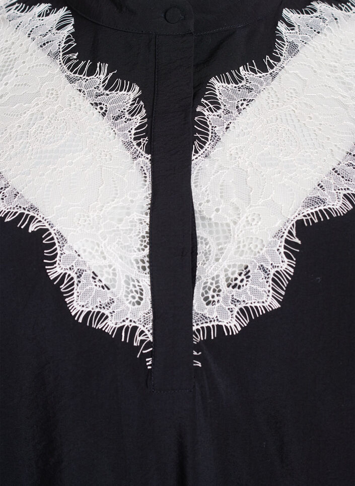 Short-sleeved shirt blouse with lace details, Black, Packshot image number 2