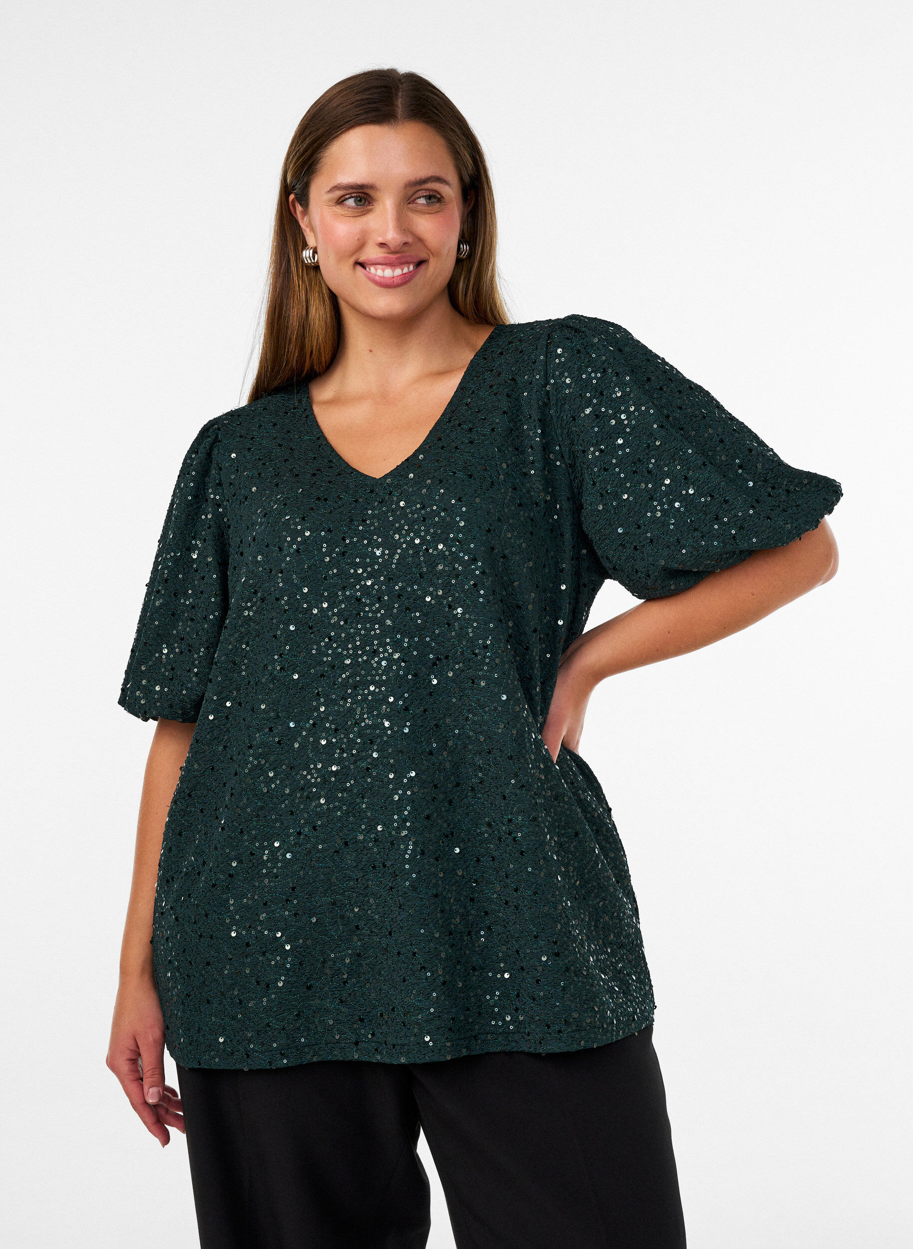 ZizzifashionSequin blouse with balloon sleeves, Green, Model image number 0