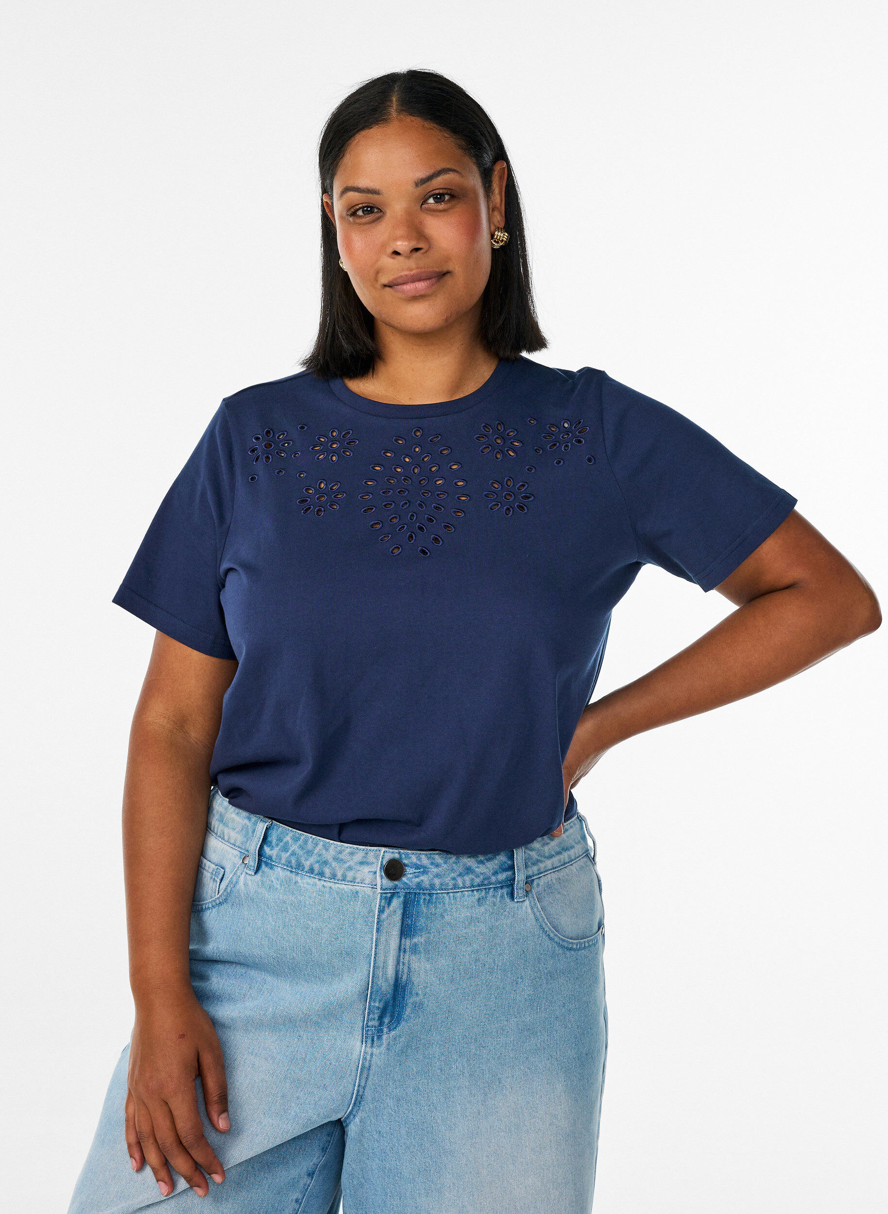 ZizzifashionOrganic cotton T-shirt with eyelet embroidery, Blue, Model image number 0