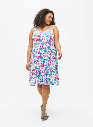 Viscose summer dress with straps, Multi Flower AOP, Model image number 2