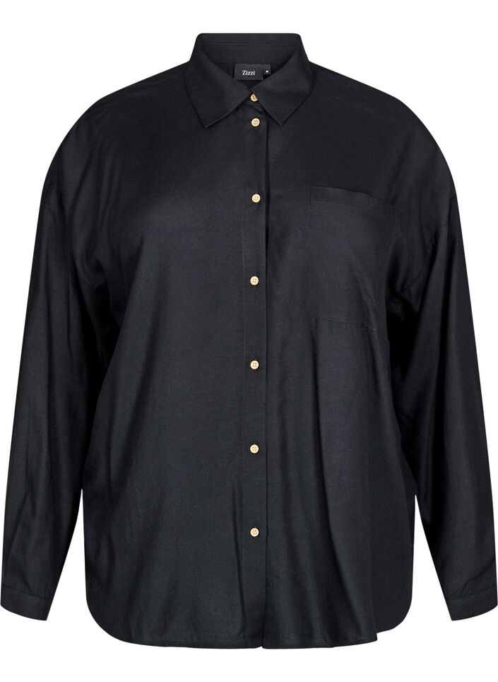 Long-sleeved linen and viscose shirt, Black, Packshot image number 0