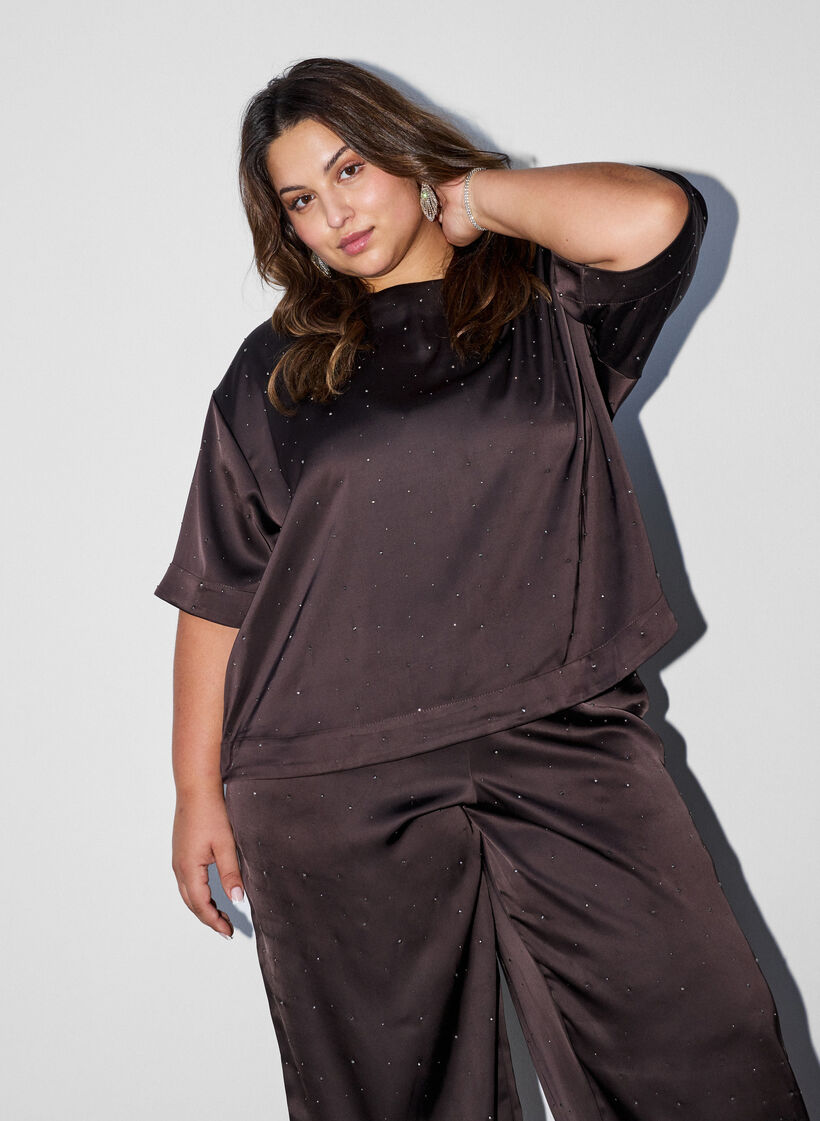 Satin blouse with rhinestones and elbow-length sleeves, Brown, Model image number 0