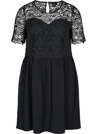 Short Sleeve dress with a lace top, Black, Packshot image number 0