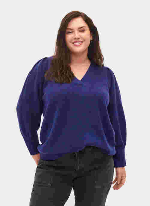 Melange knitted jumper with puff sleeves and v-neck