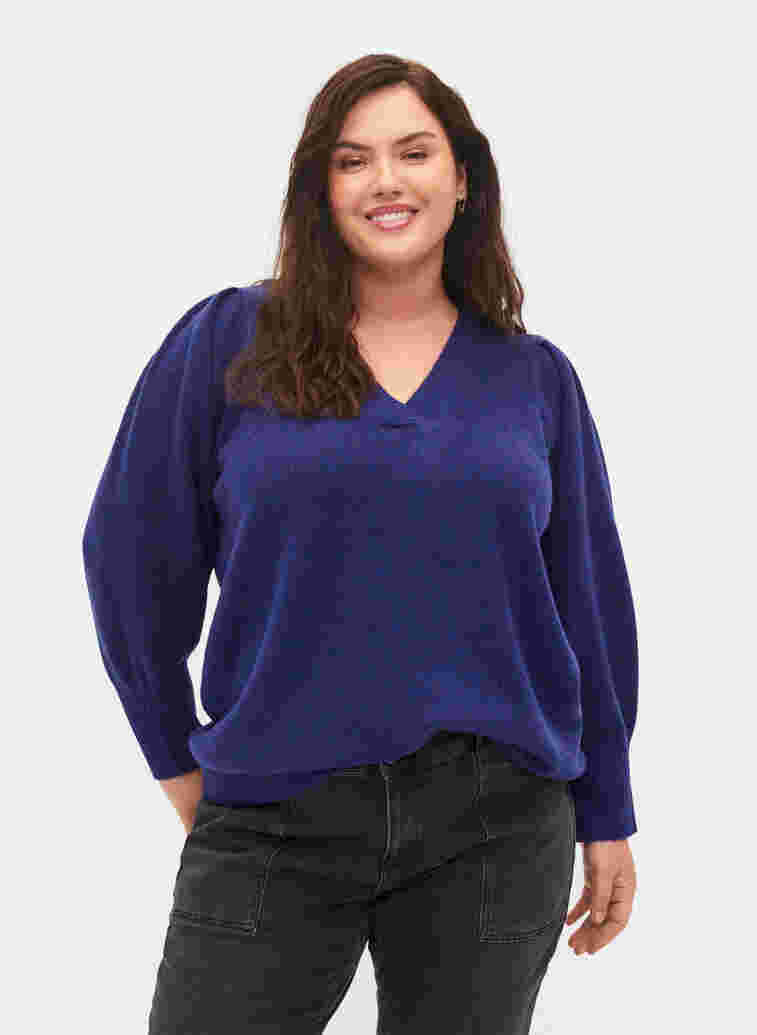 Melange knitted jumper with puff sleeves and v-neck, Ultra Violet Mel., Model image number 0