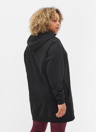 Long sweatshirt with a hood and print details, Black w. Logo Print, Model image number 1