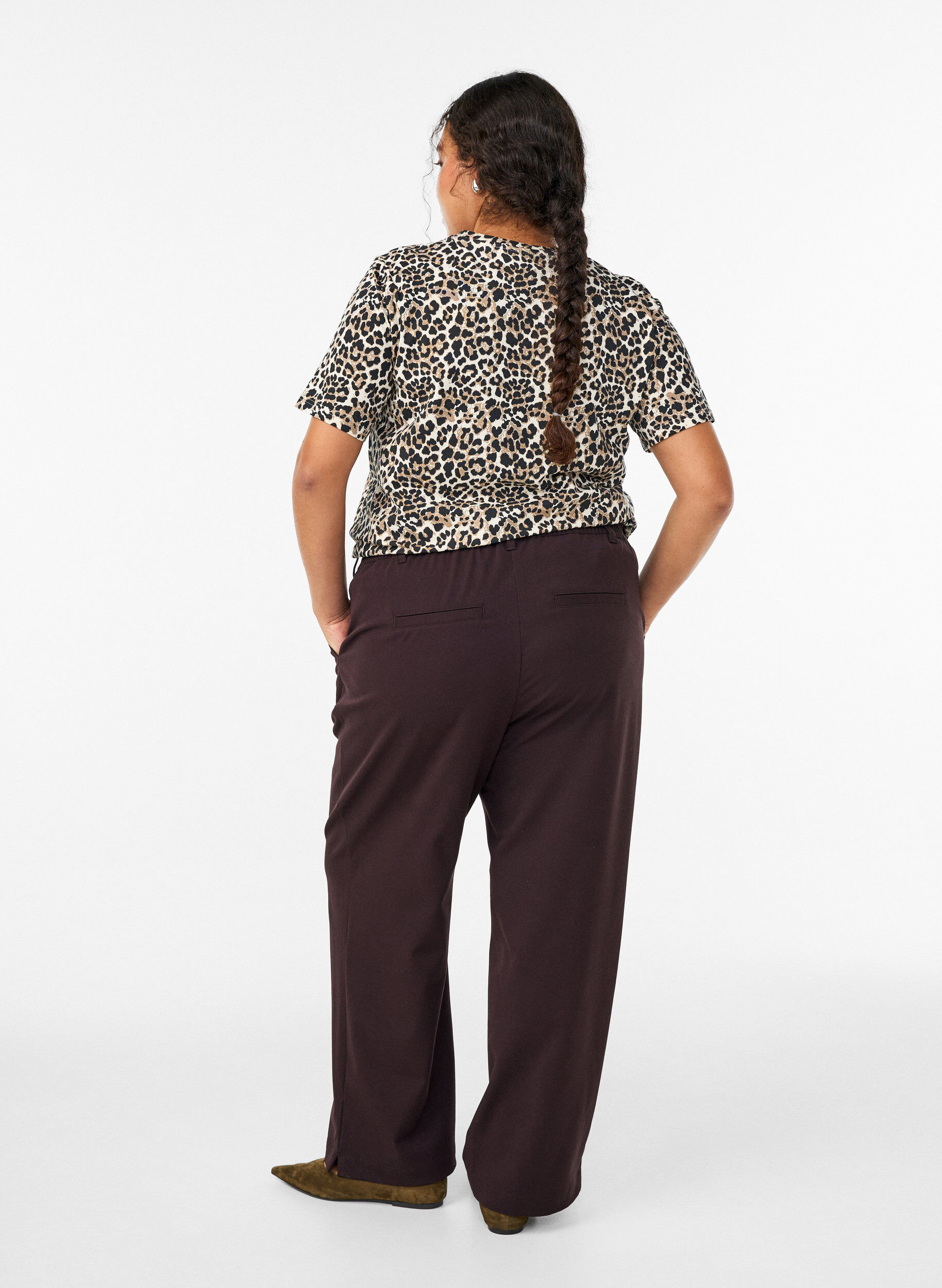 Zizzifashion Trousers with high waist and elastic waistband at back, Brown, Model image number 1