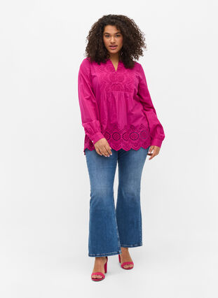 Long-sleeved cotton blouse with embroidery anglaise, Festival Fuchsia, Model image number 2