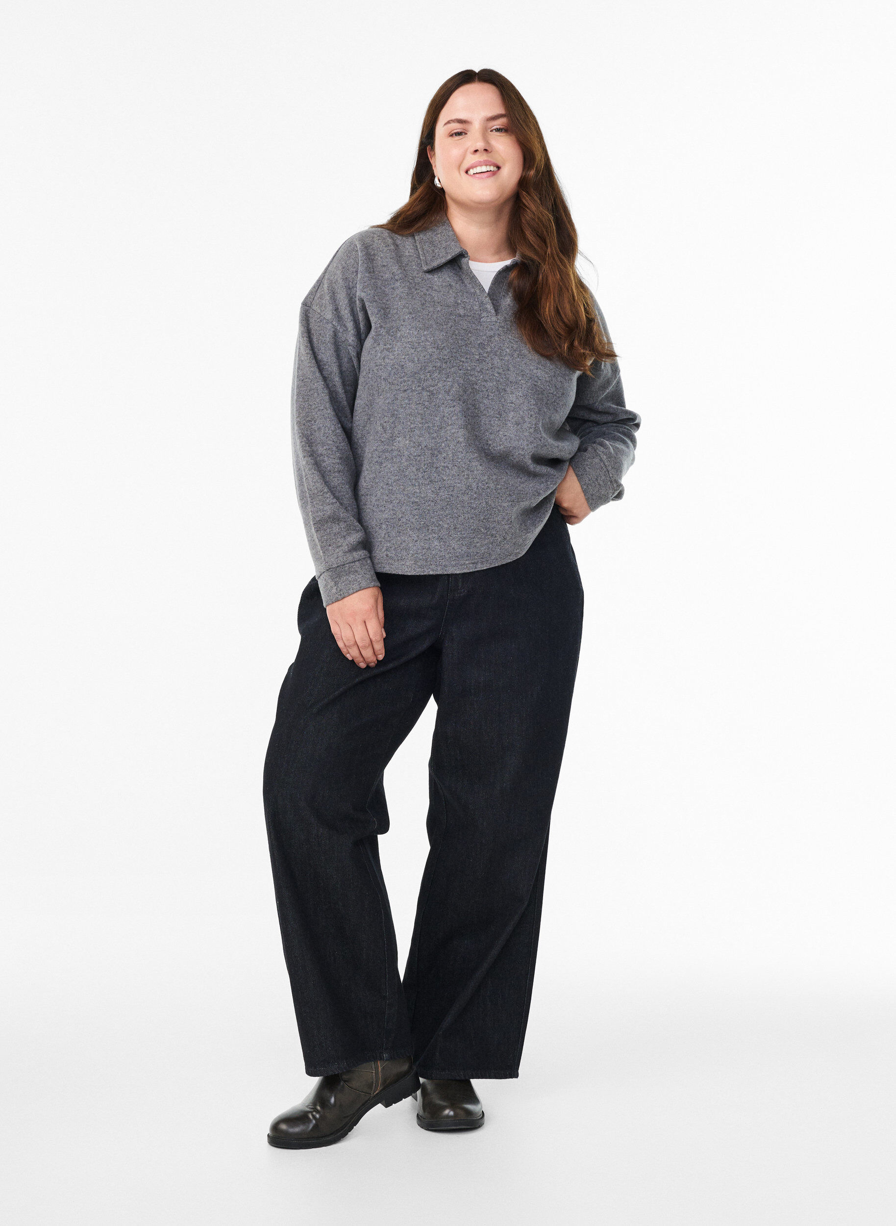 Zizzifashion Jersey blouse with collar and V-neck, Dark Grey, Model image number 1